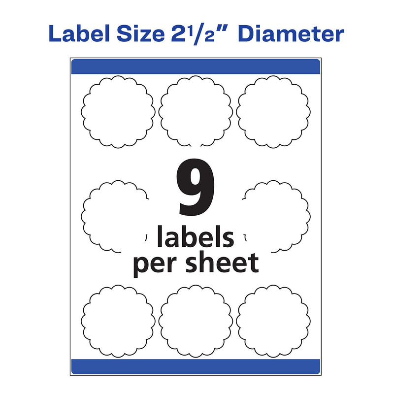 Avery Scallop 2.5 Inch Round Labels with Sure Feed for Laser & Inkjet Printers, 90 White Labels (8218) Textured Pack of 90