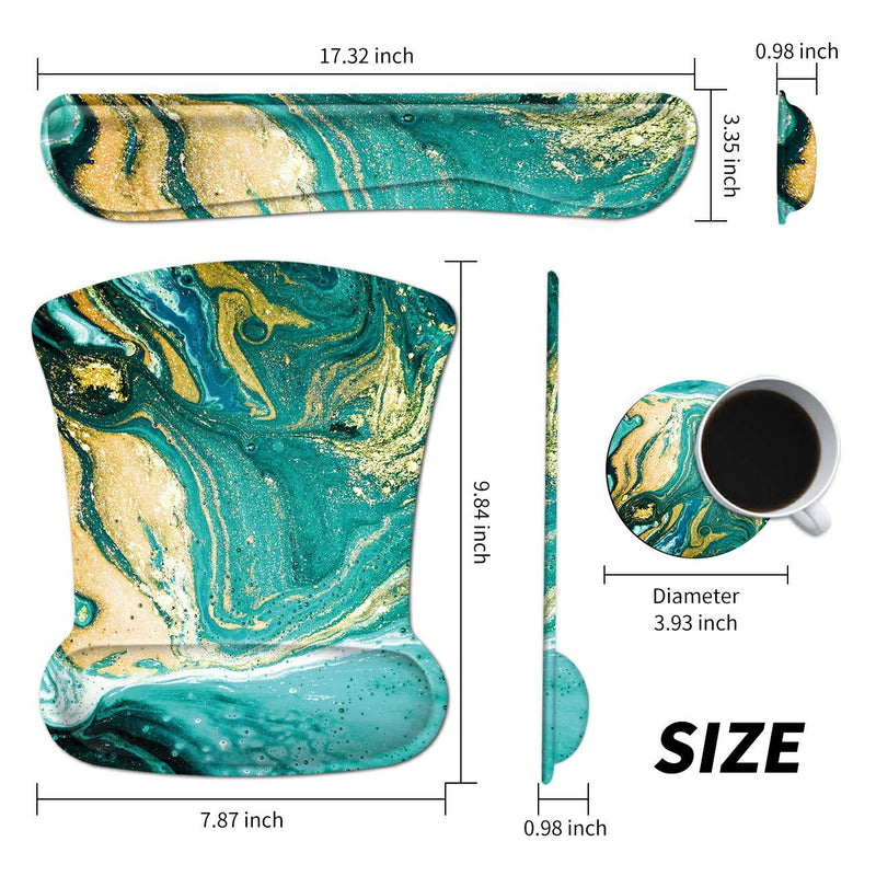 Wrist Rest for Computer Keyboard and Mouse Pad with Wrist Support Gel Teal Marble Ergonomic Mousepad Memory Foam Comfortable Keyboard Pad Set Non-Slip Base Come with A Cute Coaster