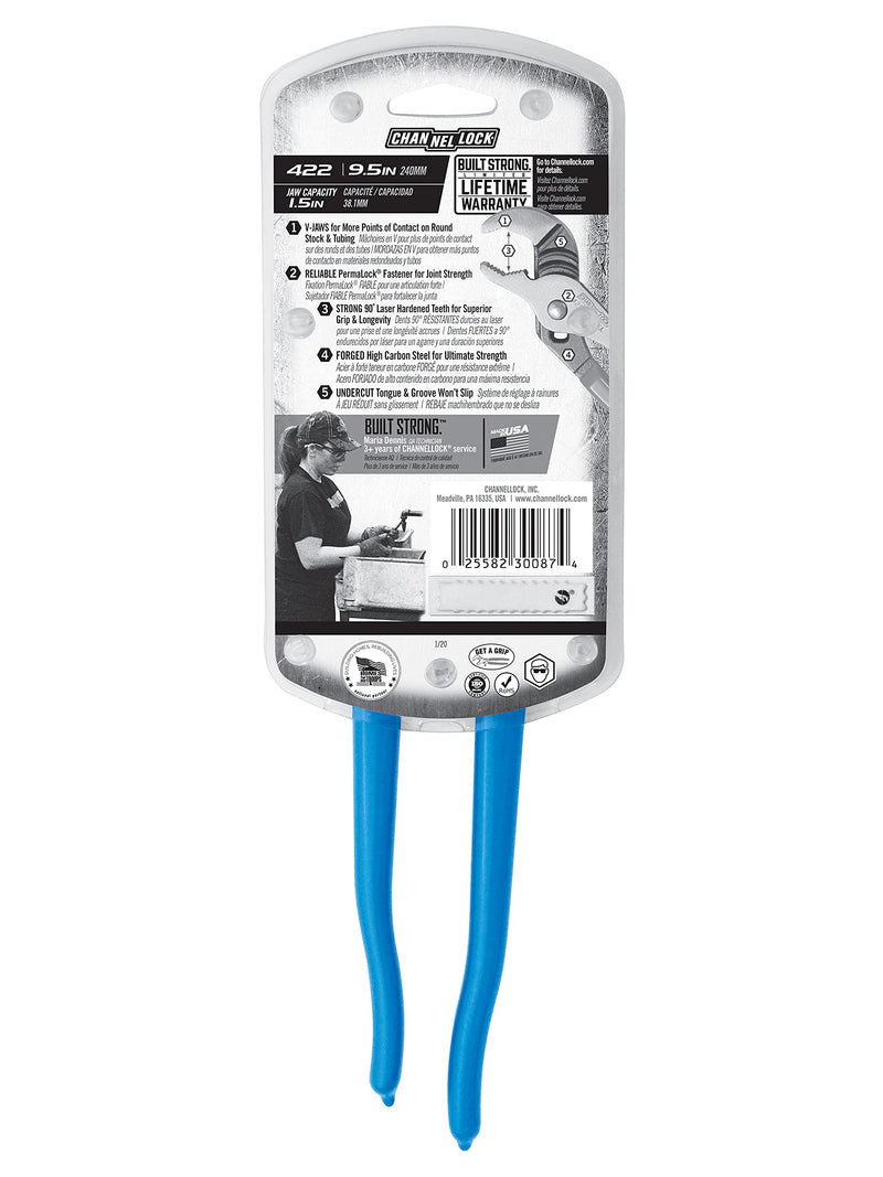 Channellock 422 1-1/2-Inch Jaw Capacity 9-1/2-Inch V-Jaw Tongue and Groove Plier , Blue 9-1/2 inch V jaw Pliers