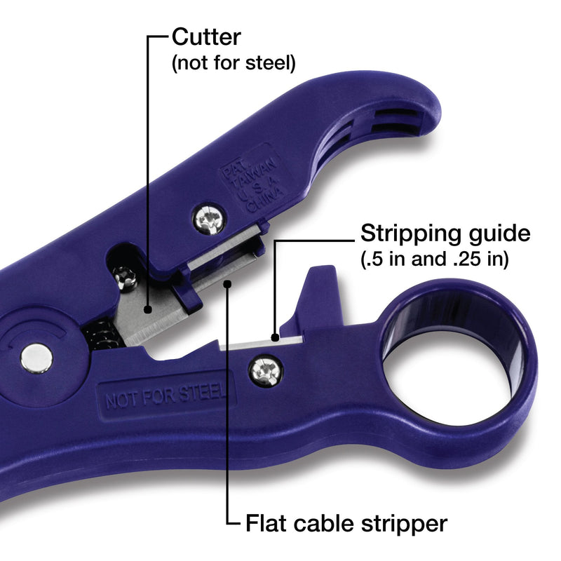 TRENDnet Universal Stripping and Cutting Tool, RG59/6/11/7, UTP, STP, CAT5, 4P/6P/8P, Flat & Round Cables, Adjustable Blade Depth, TC-CT70,Deep Blue