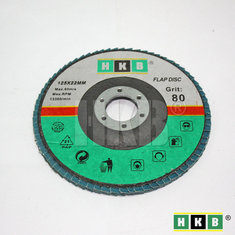 HKB ® Pack of 8 flap discs, 2x each grain 40, 60, 80, 120, grinding disc, grinding mop, 125x22mm, blue, zirconium, for stainless steel, metal, INOX, for flex and angle grinders, item no. 50145
