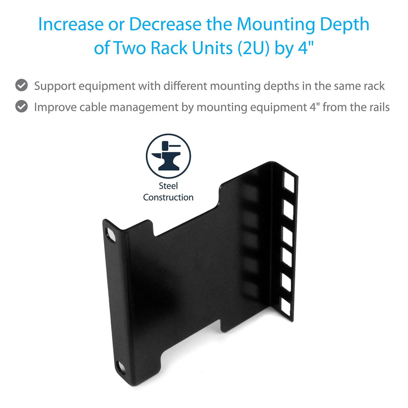 StarTech.com Server Rack Depth Extender - 2U - 4in / 10 cm - TAA Compliant - Recessed Rack Adapter - Rack Mount Adapter Kit - Network Rack Extender (RDA2U) 1"x3.5"x4.4"
