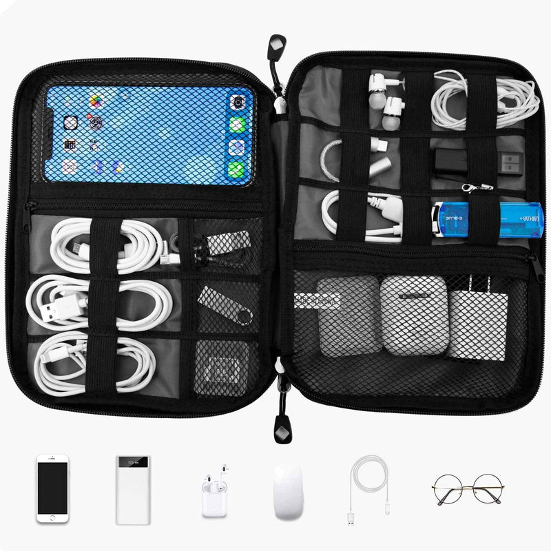 Travel Cable Organizer Bag Waterproof Portable Electronic Organizer for USB Cable Cord Phone Charger Headset Wire SD Card,5pcs Cable Ties Orange/Gray (Black) Black