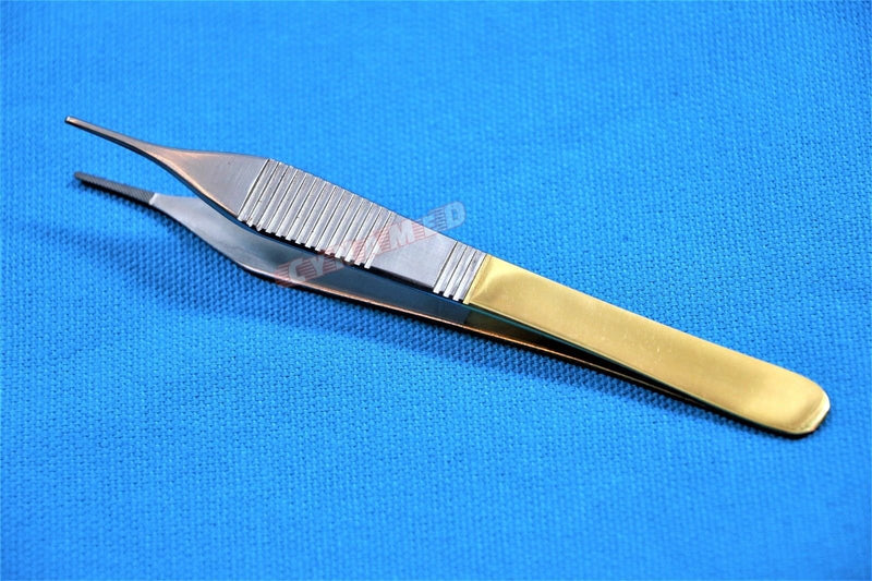 New German Grade Adson Dressing Forceps Micro 4.75" with Tungsten Carbide Inserts and Gold Handle Premium Dental Surgical Instruments Cynamed