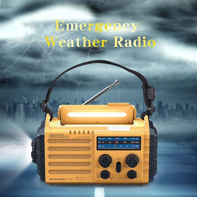 Weather Radio Raynic 5000mAh Solar Hand Crank Emergency Radio 5 Ways Powered AM/FM/SW/NOAA Weather Alert Portable Radio with Flashlight, Reading Lamp, Cellphone Charger and SOS Alarm (Yellow)