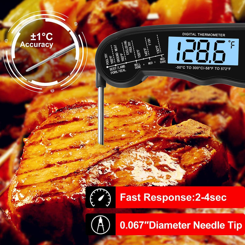KULUNER TP-01 Waterproof Digital Instant Read Meat Thermometer with 4.6” Folding Probe Backlight & Calibration Function for Cooking Food Candy, BBQ Grill, Liquids,Beef(Black) black