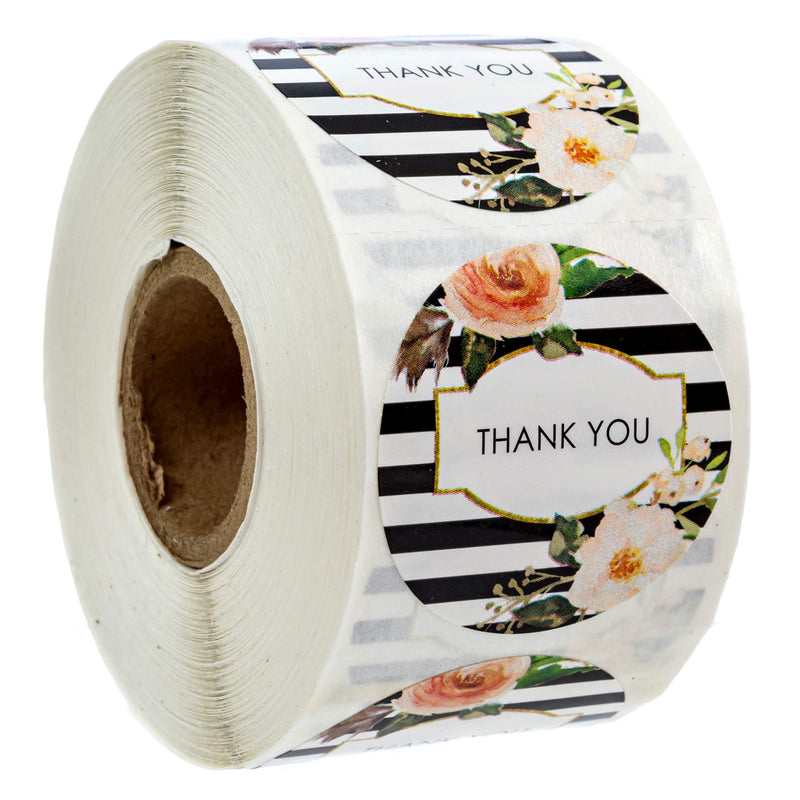 SBLABELS Black and White Stripe Floral Thank You Stickers / 1.5" Thanks Circle Labels / 500 Stickers Per Roll