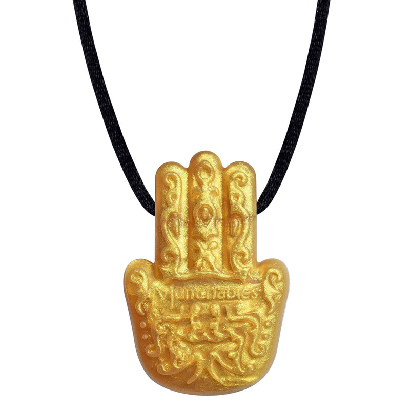Munchables Hamsa Hand Sensory Chew Necklace - Sensory Chewable Jewelry for Adults, Teens and Kids (Gold) Gold