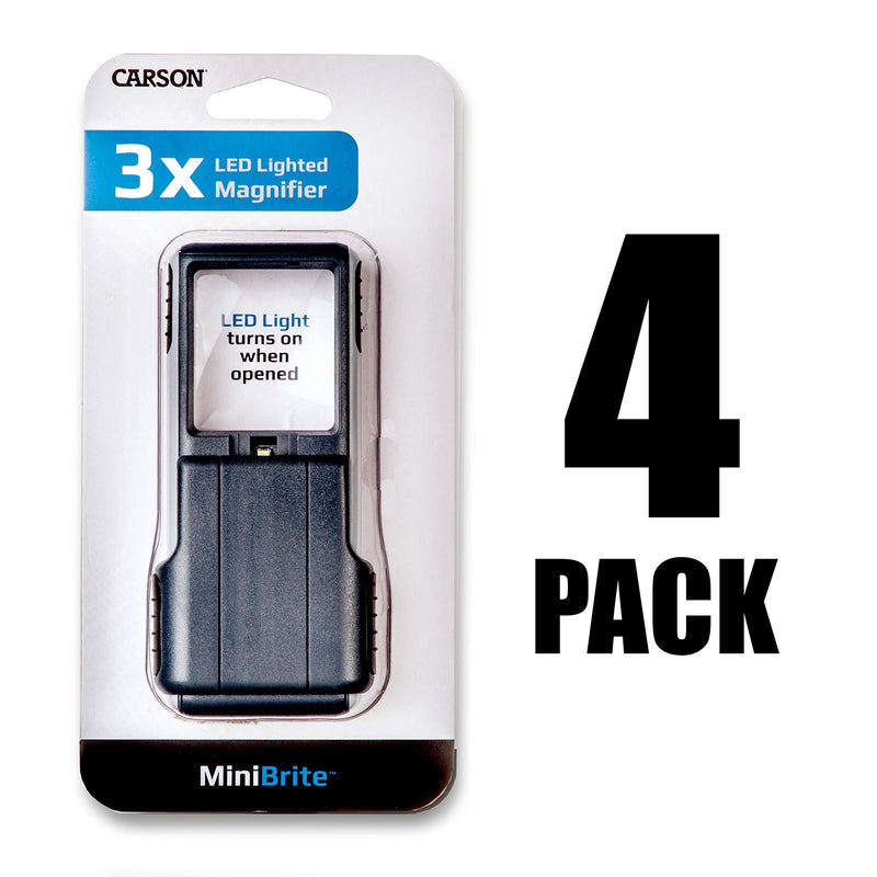 Carson MiniBrite 3x Power LED Lighted Slide Out Magnifier with Protective Sleeve for Reading, Hobby, Crafts, Tasks and Inspection (PO-25, PO-25MU) Set of 4