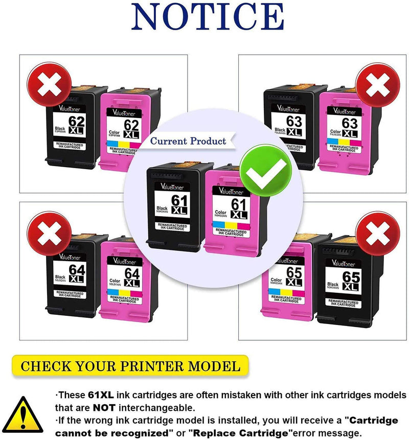 Valuetoner Remanufactured Ink Cartridges Replacement for HP 61XL 61 XL to use with Envy 4500 Deskjet 1000 1056 1510 1512 1010 1055 OfficeJet 4630 Series Printer (1 Black, 1 Tri-Color)