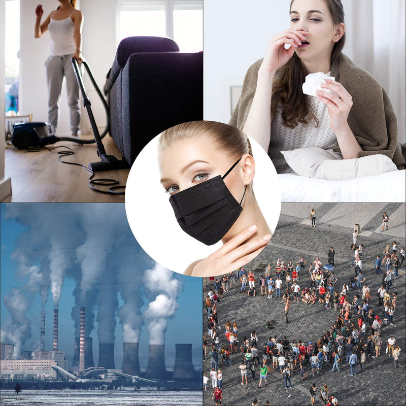 Disposable Face Mask, 100 PCS Black Masks, 3 Ply Protection Face Masks Adults 100 Pcs