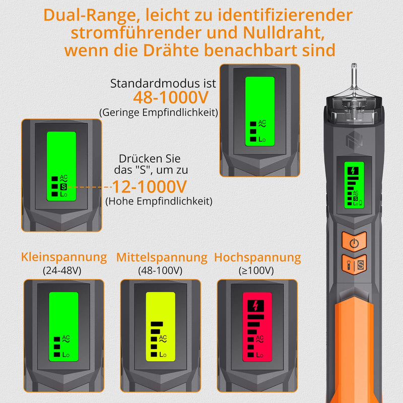 Neoteck Non-Contact Voltage Tester Digital 12-1000V/48-1000V Adjustable Sensitivity Contactless Phase Tester Current Tester with LCD Display, Buzzer, Wire Break Point Finder
