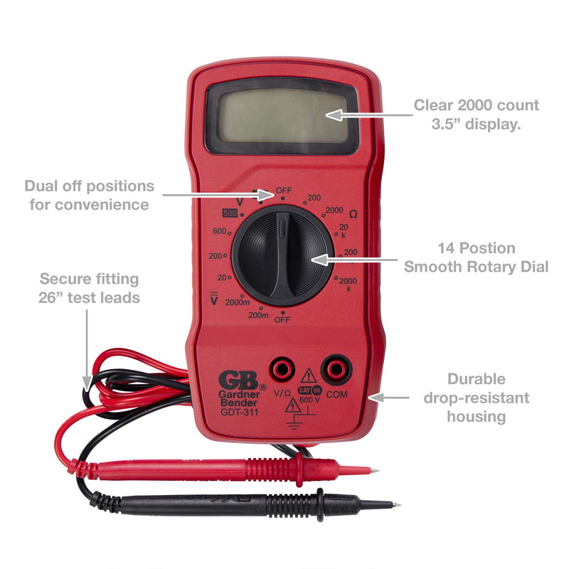 Gardner Bender GDT-311 Digital Multimeter, 3 Function, 11 Range, Tests AC/DC Voltage and Resistance, Manual Ranging, 3.5 inch Display, 1/Each , Red Manual 3 Function / 13 Range
