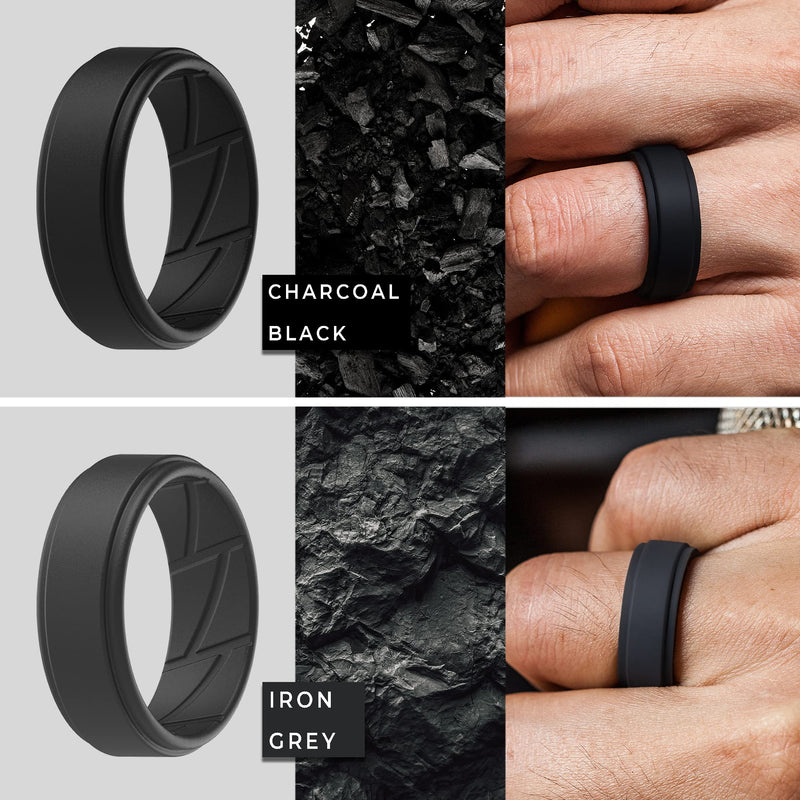 ThunderFit Silicone Wedding Rings for Men Breathable Airflow Inner Grooves - Step Edge Sleek Design Breathable Rubber Engagement Bands - 8mm wide - 2mm Thick Black, Dark Grey, Grey Camo, Gunmetal 6.5 - 7 (17.3mm)