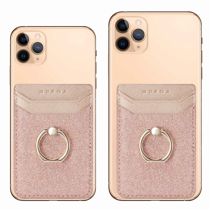 Phone Card Holder RFID Credit Wallet with Kickstand Ring for Women, DMaos 2 Pieces Glitter Sands Wallet Stick-On Back Grip for iPhone Samsung Android and Smartphones - Pink + Gold