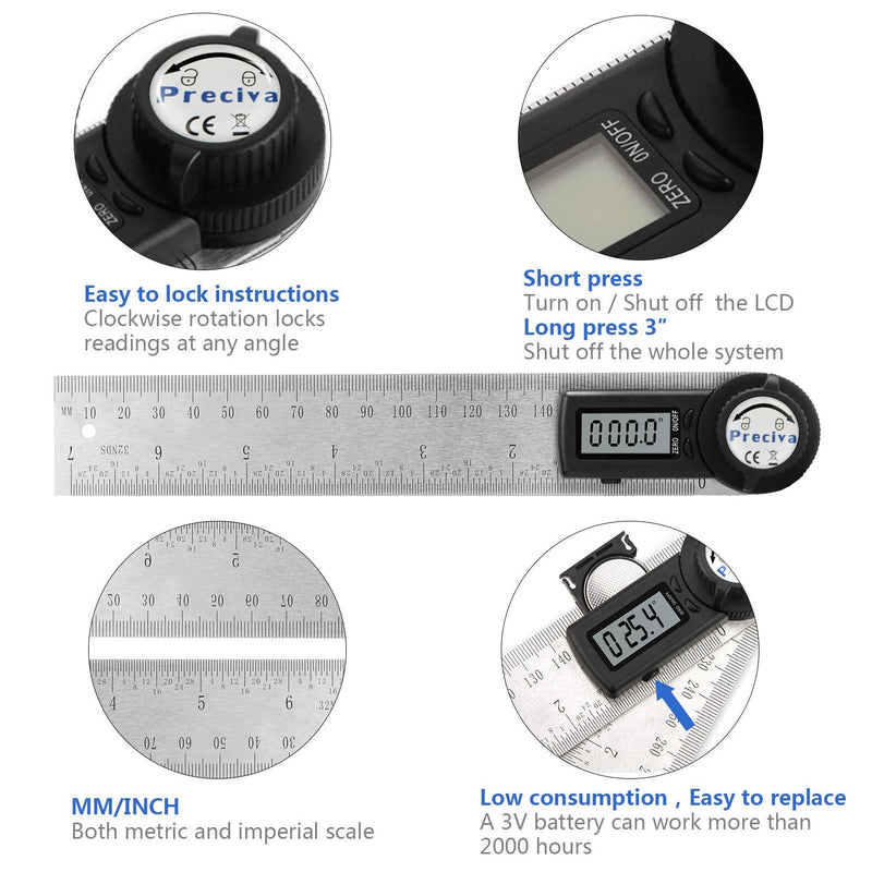 Preciva Protractor, Preciva Digital Angle Bevel with Locking Function, Measuring Range: 000.0°~999.9°, Stainless Steel Ruler for Woodworking, Home Work - 400 mm/14 Inches
