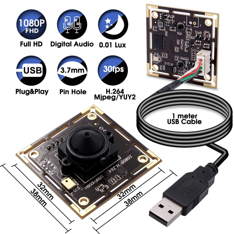 SVPRO 3.7mm Pinhole Lens USB Camera Module Board 1080P Full HD, Sony IMX322 USB Camera Board with Microphone, 0.01Lux Low Illumination Webcam H.264 Video Output