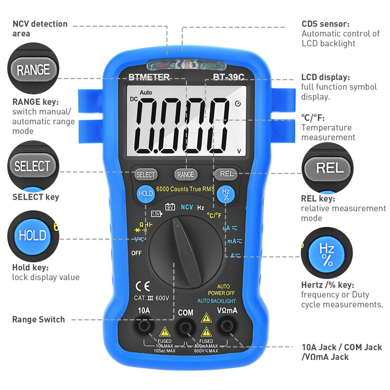 BTMETER BT-39C True RMS Multimeter, Auto Range Digital Avometer 6000 Counts Accurate Measures AC/DC Amps, Volts, Ohms, Capacitance,Frequency with Auto Backlight, NCV Temp Test BT-39C W/ Temp Measurement (BLUE)