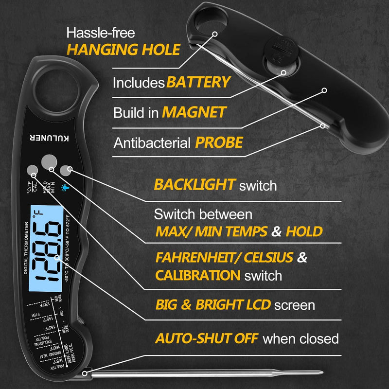 KULUNER TP-01 Waterproof Digital Instant Read Meat Thermometer with 4.6” Folding Probe Backlight & Calibration Function for Cooking Food Candy, BBQ Grill, Liquids,Beef(Black) black