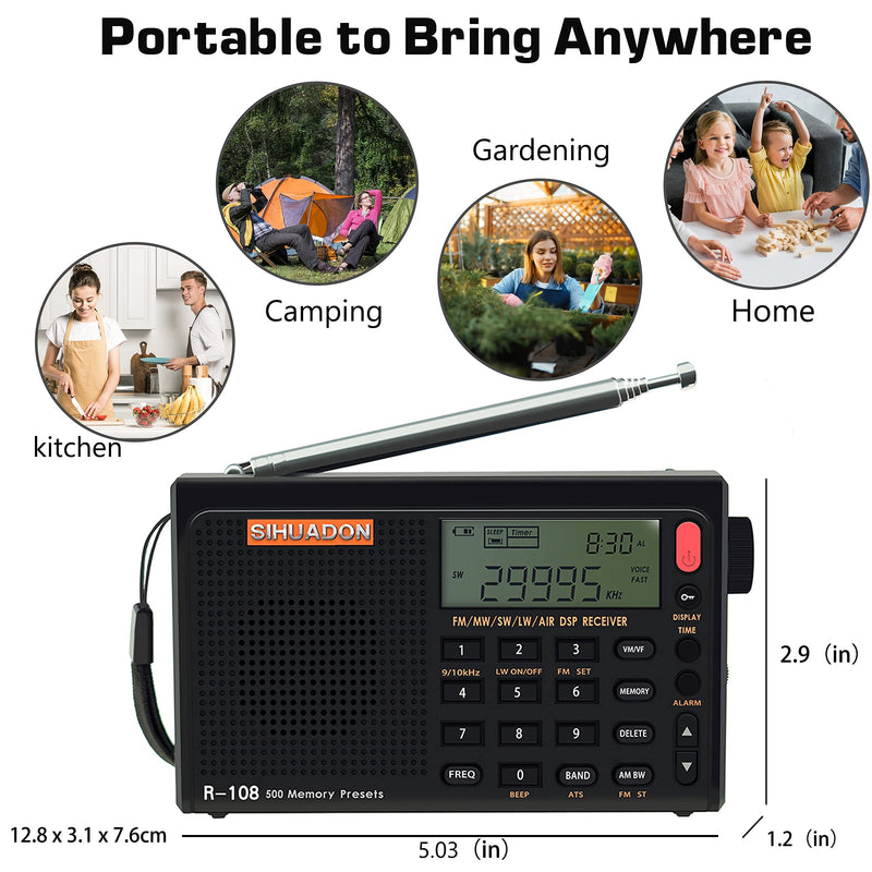 SIHUADON R108 Portable Radio AM FM SW LW Airband Full Band DSP Stereo Radio Battery Operated with Headphone Antenna Jack Sleep Time and Alarm Clock 500 Memory Preset Good Gift for Parents by RADIWOW Black