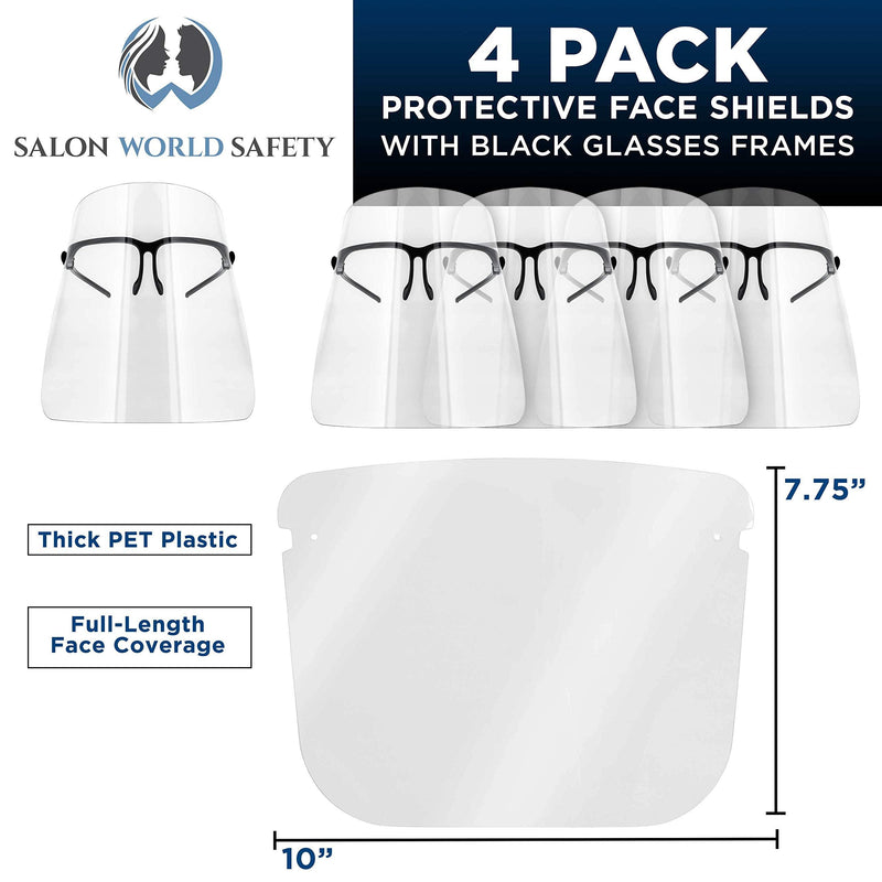TCP Global Salon World Safety Face Shields with Black Glasses Frames (Pack of 4) - Ultra Clear Protective Full Face Shields to Protect Eyes, Nose, Mouth - Anti-Fog PET Plastic, Goggles