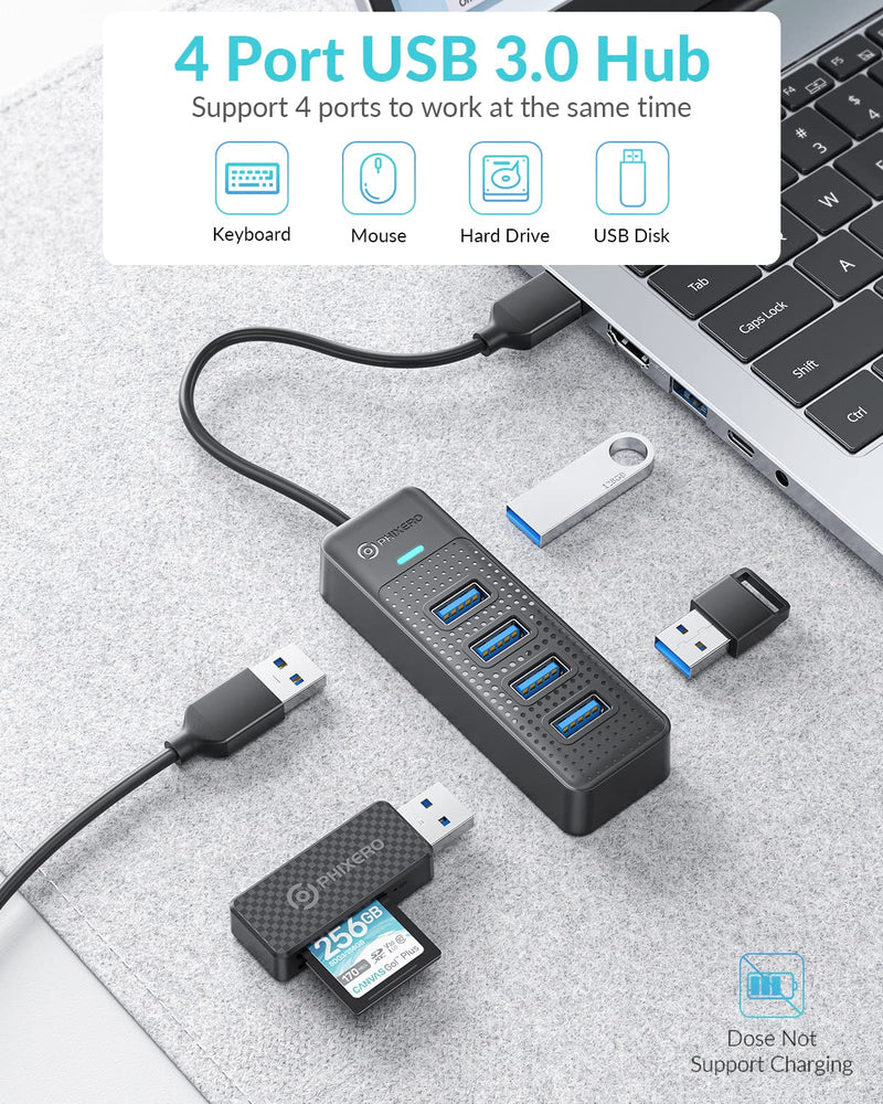USB Hub, PHIXERO 4-Port USB 3.0 Hub Multi USB Port Expander, Fast Data Transfer USB Splitter for Laptop, Compatible with All USB Port Device