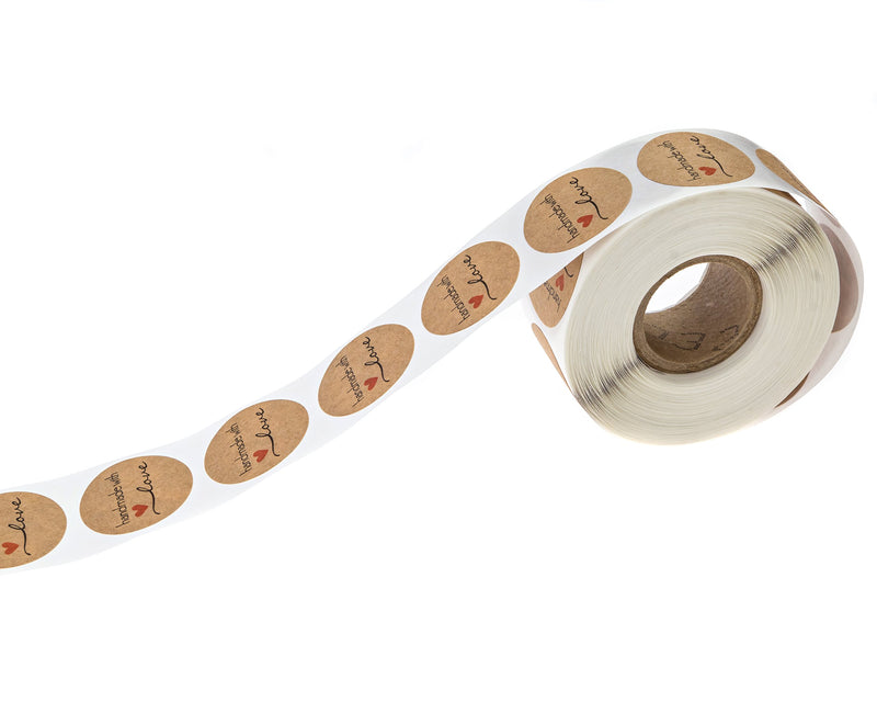 1" Inch Round Natural Kraft Handmade with Love Stickers/500 Labels per roll