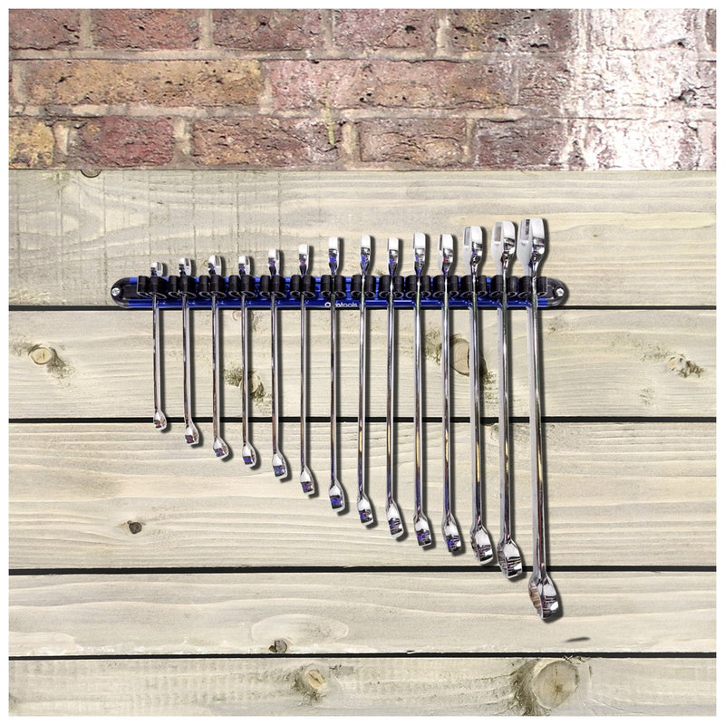 Olsa Tools Wall Mount Wrench Organizer with Rotating Clips | Blue Anodized Aluminum + Black Clips | Premium Quality Wrench Holder | 14 Wrenches Fit Rack Blue Aluminum + Black Clips