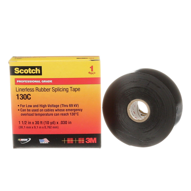 Scotch Linerless Electrical Splicing Tape 130C for Wires and Cables, 1-1/2 in x 30 ft, Rubber Backing, Self Fusing, UV Resistance, Highly Conformable, Moisture Seal, Black, 1 Roll