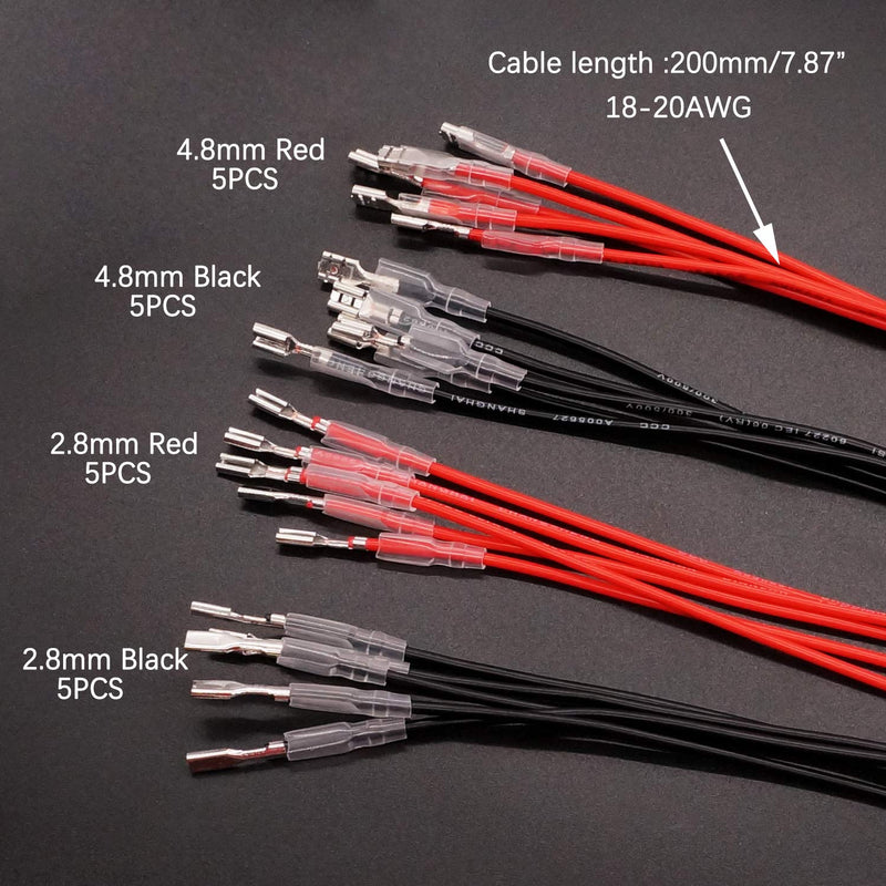 Twidec/20Pcs 2.8mm and 4.8mm Female Spade Crimp Terminal with Insulating Sleeve and Wire Red + Black Female Spade Quick Splice Assortment Kit 2.8mm+4.8mm