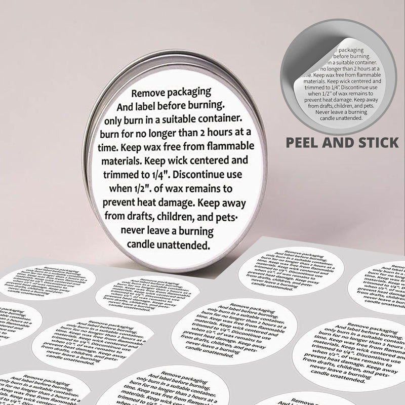 Candle Warning Stickers, 1.5" Round Label, 300 Labels, Black and White Text, Sticker Decal for Candle Jars, Tins and Votives