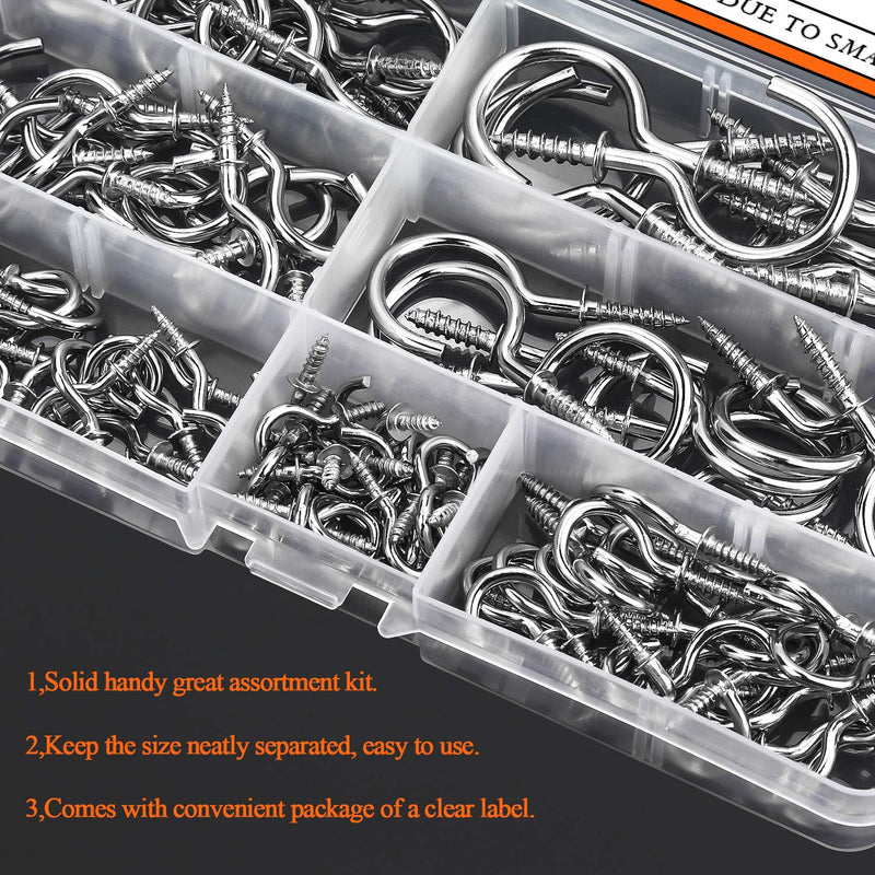 HELIFOUNER 120 Pieces 7 Sizes Nickel Plated Steel Cup Hooks, Ceiling Hooks, Screw Hooks Kit