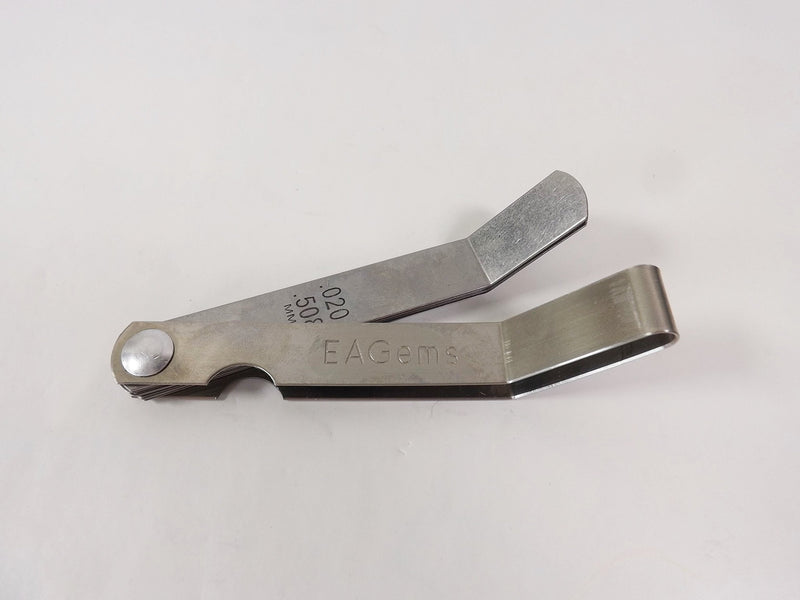 Offset Feeler Gauge Set by EAGems, for Measuring Gap Width or Thickness - Includes 16 Blades Imprinted with Inches and Millimeters, between .005-.020 inch / .127-.508 mm