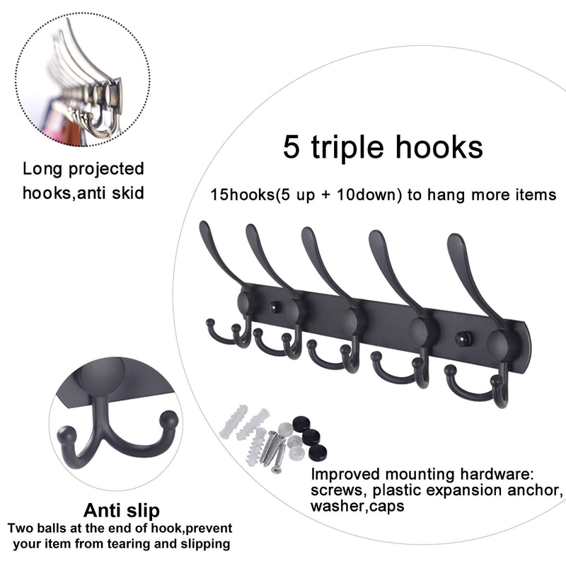 WEBI Coat Rack Wall Mounted Black,5 Tri Hooks for Hanging Coats,Wall Coat Hanger,Jacket Hanger,Wall Rack for Clothes,Backpack 1 Pack