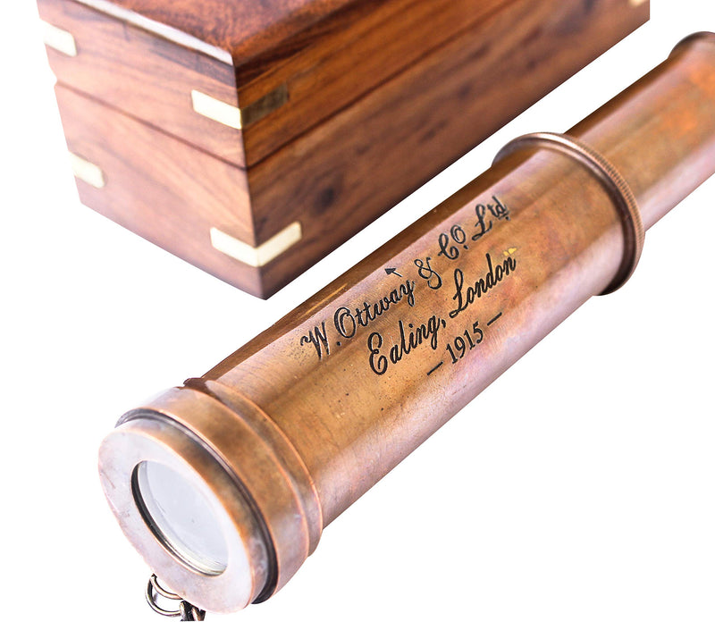 Vintage Copper Finish Telescope with Wooden Box Marine Gift London 1917