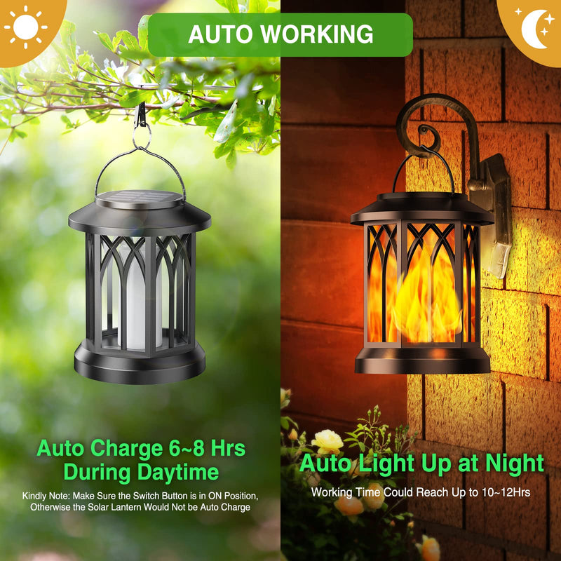 KOOPER Solar Lantern Outdoor Lights, Upgraded Flickering Flame Hanging Solar Lantern, LED Candle Solar Lanterns Decorative Lights, Waterproof Solar Powered Flame Lanterns for Yard Garden Decor, 2 Pack