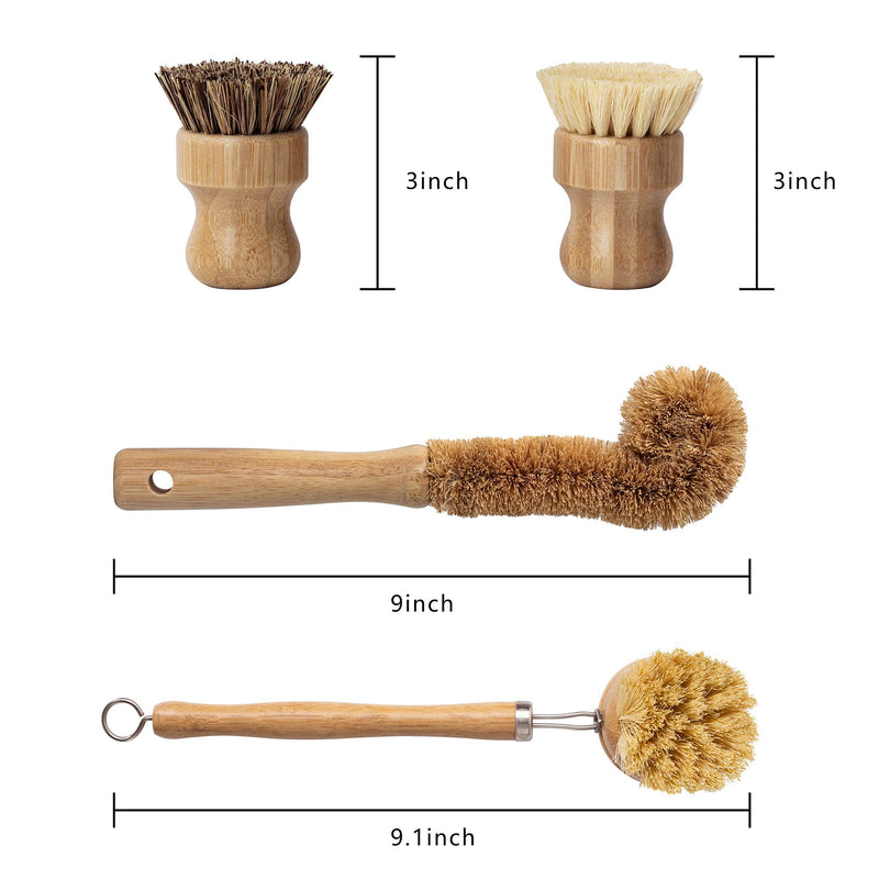 Earth's Own Natural Bamboo Dish Scrub Brush 4 Piece Set - Made From 100% Natural Bamboo -Natural Bristle - Plastic Free Dishes Scrub Brush For Dishes, Pot, Pans.
