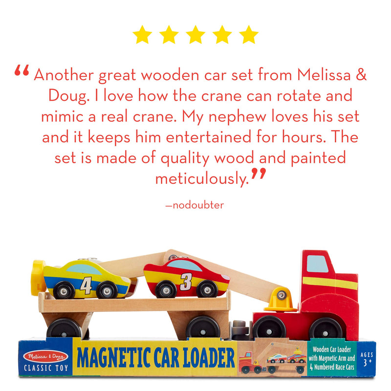 Melissa & Doug Magnetic Car Loader Wooden Toy Set With 4 Cars and 1 Semi-Trailer Truck
