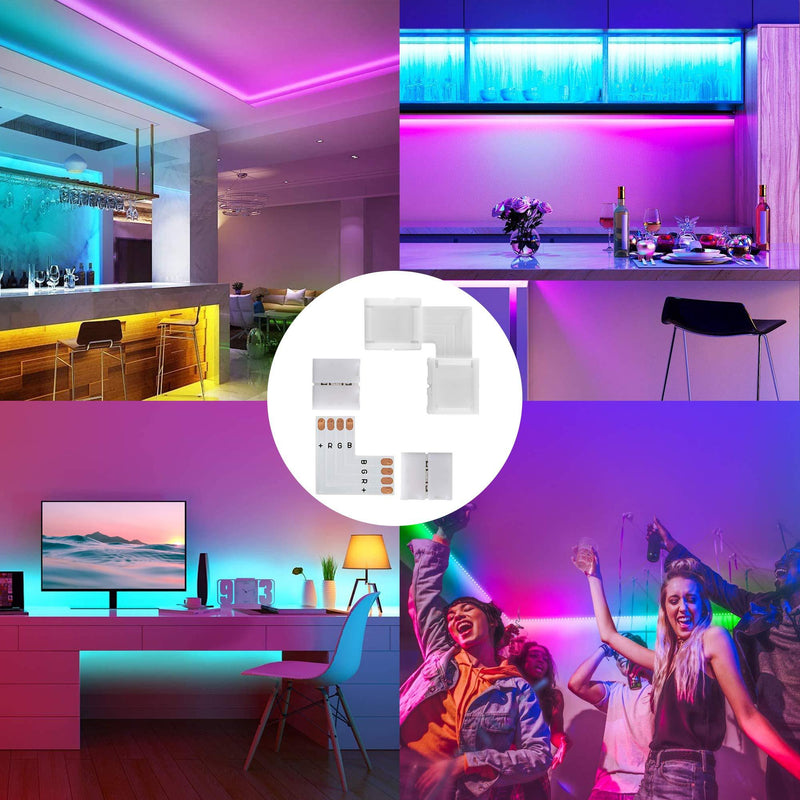 L Shape 4-Pin LED Connectors 10-Pack JACKYLED 10mm Wide Right Angle Corner Solderless Adapter Connector Terminal Extension with 22Pcs Clip Connectors for 3528/5050 SMD RGB 4 Conductor LED Light Strips