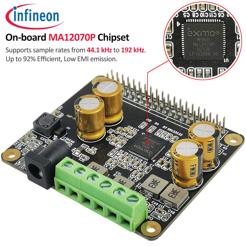 Raspberry Pi Audio Amplifier 2x80W Peak Output Class D HiFi AMP Pro Hat Featuring 192KHz/24bit MA12070P Support Volumio, MoOde, Raspbian,and LibreELEC