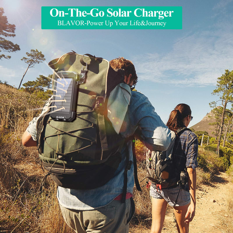 Solar Charger Power Bank, Qi Wireless Charger 10,000mAh External Battery Pack Type C Input Port Dual Flashlight, Compass, Solar Panel Charging (Black) Black