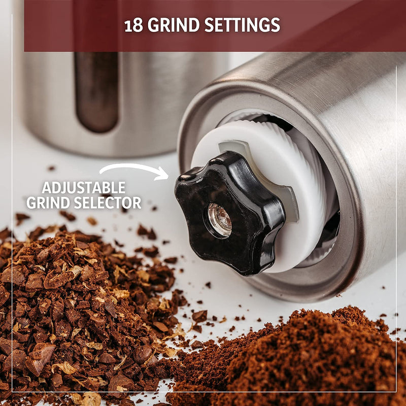 JavaPresse Manual Coffee Grinder with Adjustable Settings - Patented Conical Burr Mill & Brushed Stainless Steel Whole Bean Burr Coffee Grinder for Aeropress, Drip Coffee, Espresso, French Press
