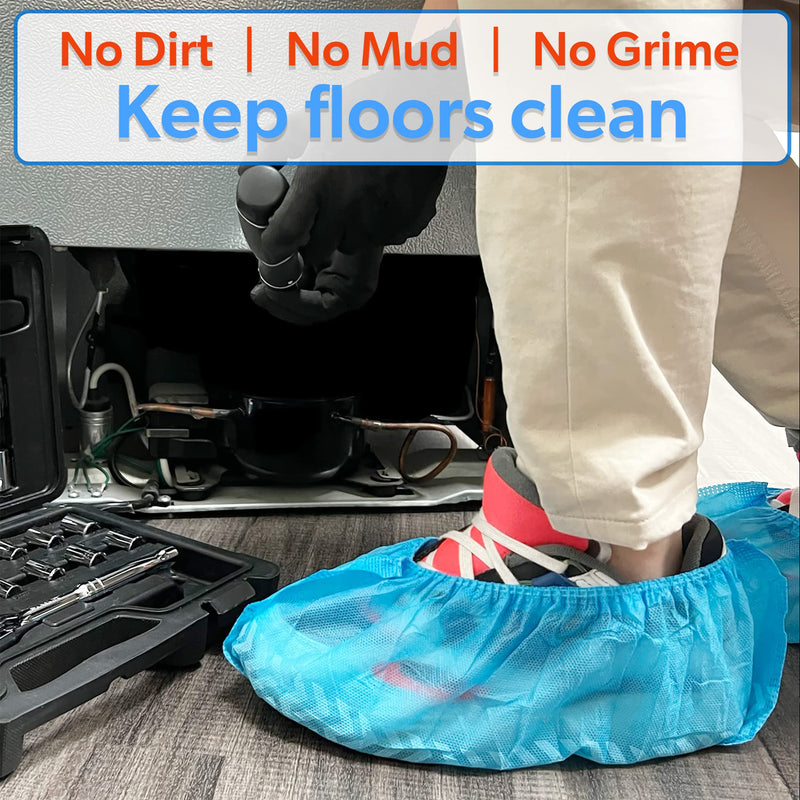 GSD Brand 100 Pack Extra Large Blue Disposable Non-Slip Boot & Shoe Covers. Water Resistant Indoor Use Premium Durable Booties with Non Skid Treads. Fits US Men's Size 14 and Women's 16 Shoe Size
