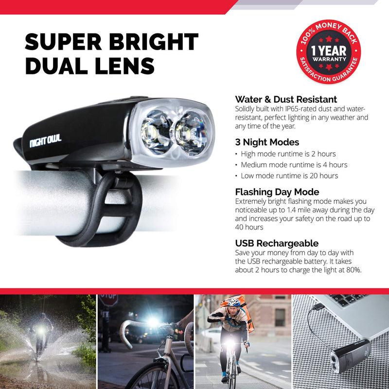 Cycle Torch Night Owl USB Rechargeable Bike Light Set, Perfect Commuter Safety Front and Back Bicycle Light LED Combo, USB Tail Light Included, Compatible with Mountain, Road, Kids & City Bicycles