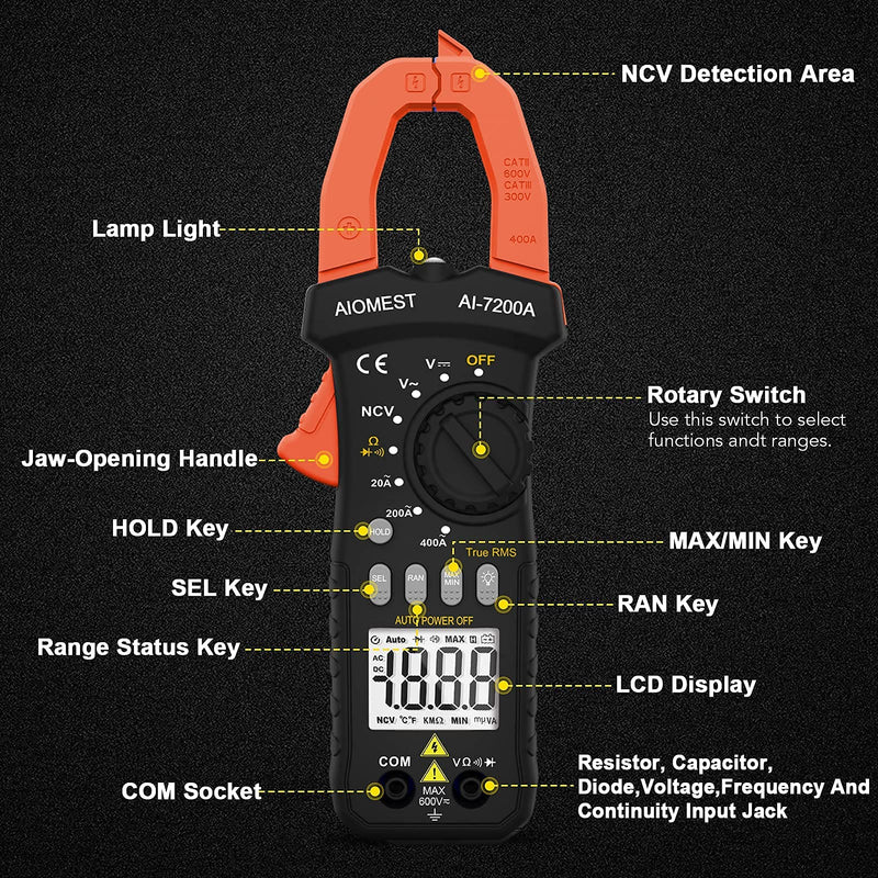 AIOMEST AI-7200A TRMS 2000 Counts Digital Clamp Multimeter Measures AC/DC Voltage, Current, Resistance, Continuity, Diode, Continuity, NCV Test, Auto Volt Amp Ohm Tester with Backlit Lamp