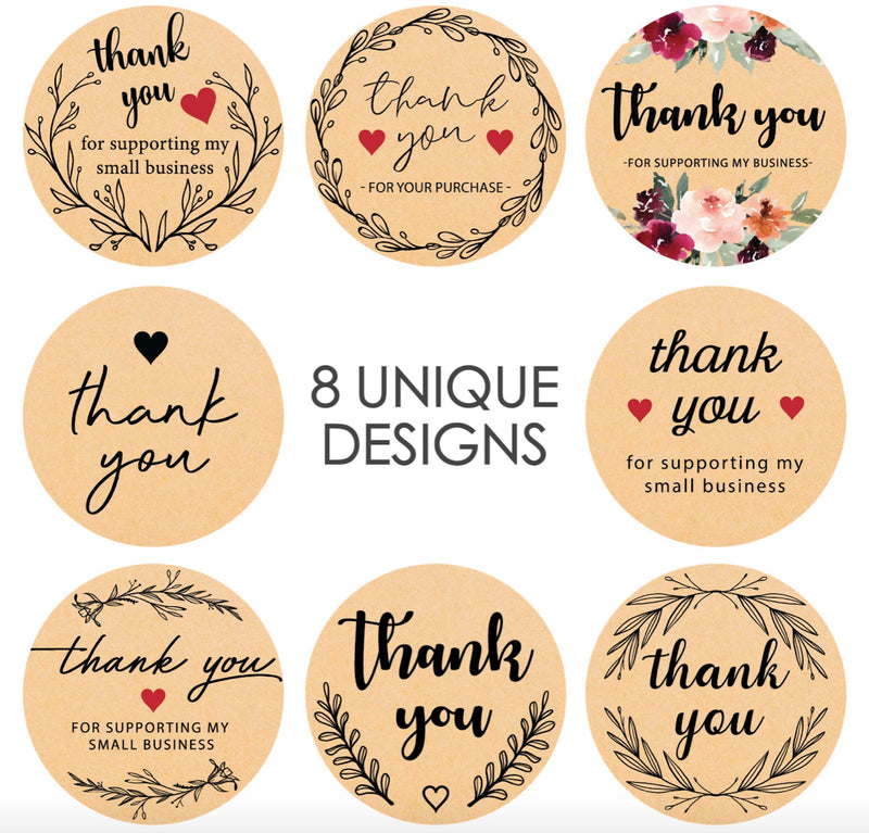 Avamie 1000 PCS Thank You Stickers Rolls, 1.5 inch Thank You for Supporting My Small Business Stickers, 16 Unique Designs, Thank You Stickers Labels 2 Rolls (Greenery and Kraft) Greenery and Kraft