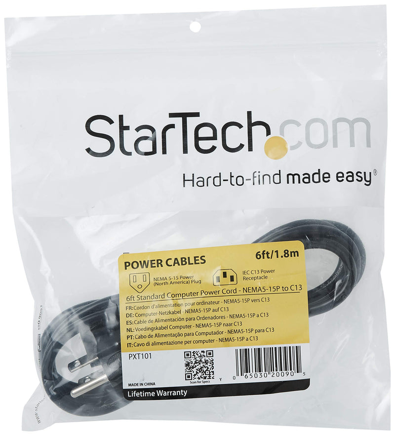 StarTech.com 6ft Standard Computer Power Cord (NEMA 5-15 to IEC 60320 C13) - 18 AWG Replacement IBM AC Power Cable for PC or Monitor -125V, 10A (PXT101),Black 6 ft/2 m 1 Pack