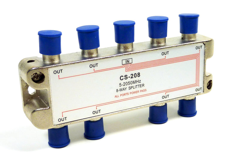 Philmore 2GHZ High "Q" 8-Way Low Loss Coaxial Satellite TV Signal Splitter With Weather Caps, Commercial Grade; CS208