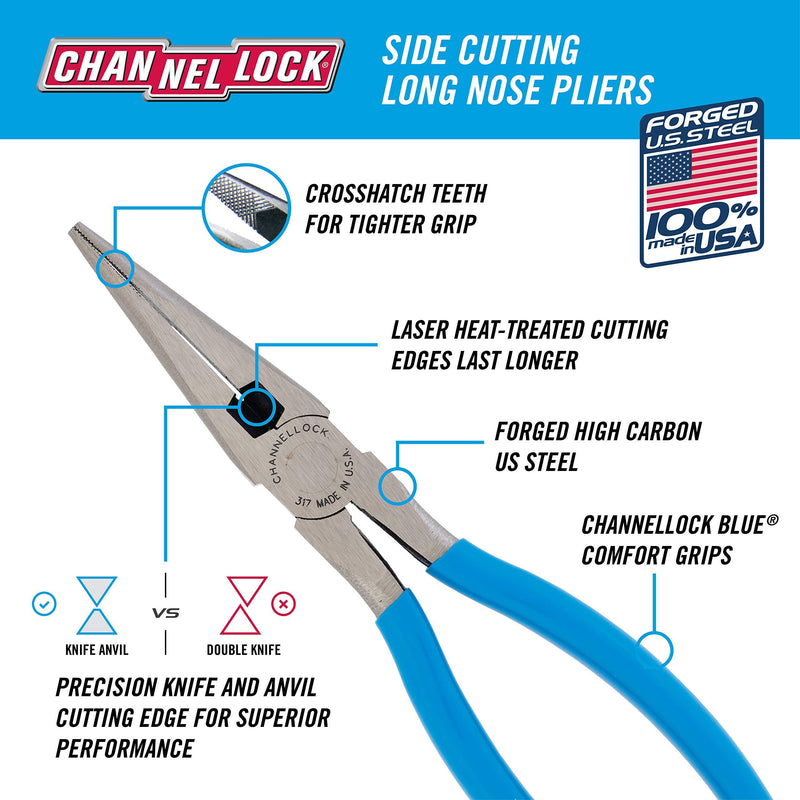Channellock 317 8-Inch Long Nose Plier with Side Cutter | Needle Nose Pliers with Knife and Anvil - Style Side Cutter | Crosshatch Jaw Forged from High Carbon Steel for Maximum Grip on Materials | Specially Coated for Rust Prevention | Comfort Grips , ...
