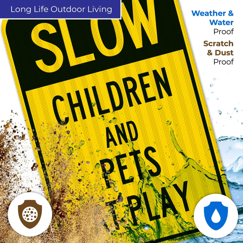 Children and Pets at Play Sign, Slow Down Sign, Large 12x18 3M Reflective (EGP) Rust Free .63 Aluminum, Weather/Fade Resistant, Easy Mounting, Indoor/Outdoor Use, Made in USA by Sigo Signs Reflective Aluminum EGP